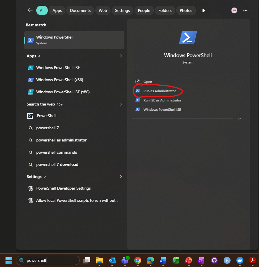 Resultado de búsqueda de Windows para PowerShell ejecutado como administrador