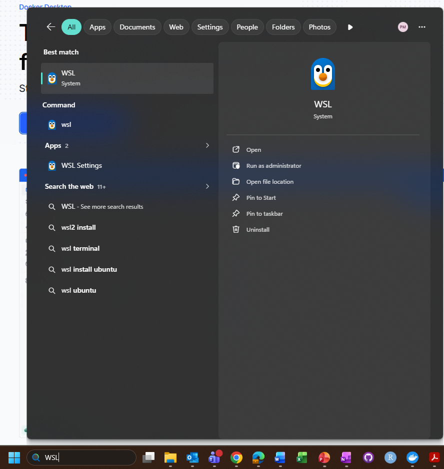 Windows search result for WSL