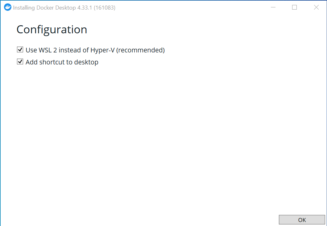 Docker Desktop Windows configuration screen with WSL 2 selected
