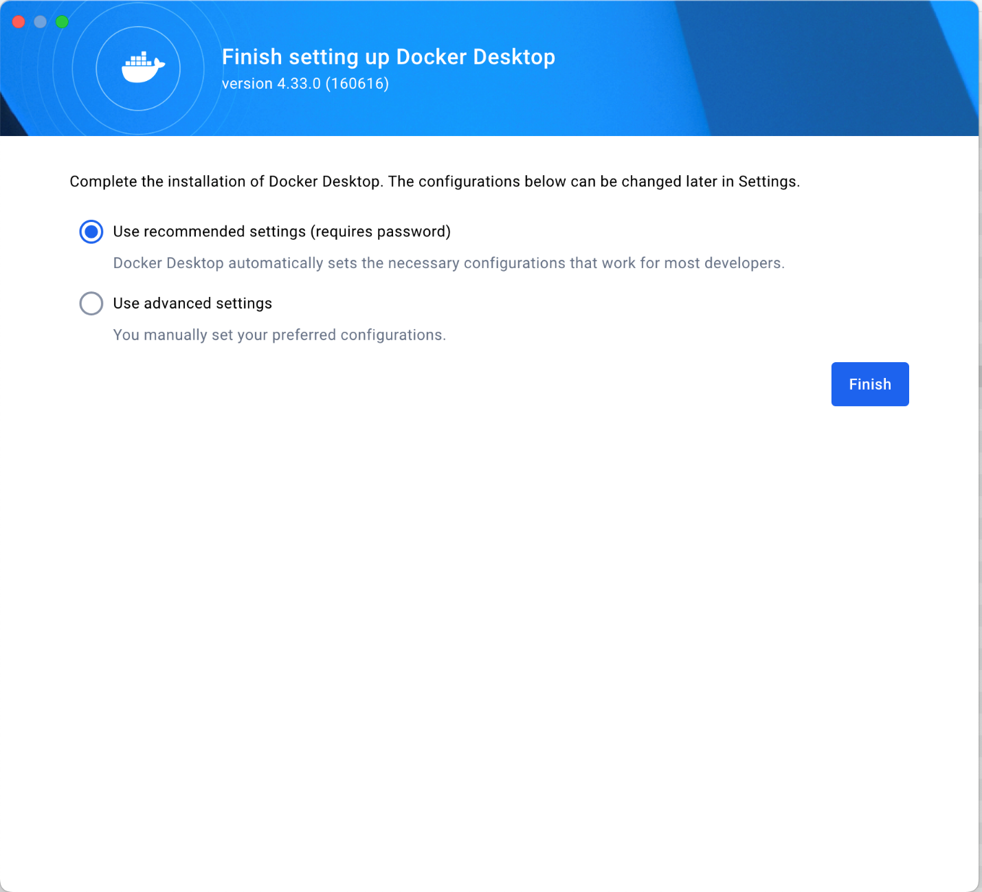 Docker Desktop setup screen on macOS with recommended settings selected