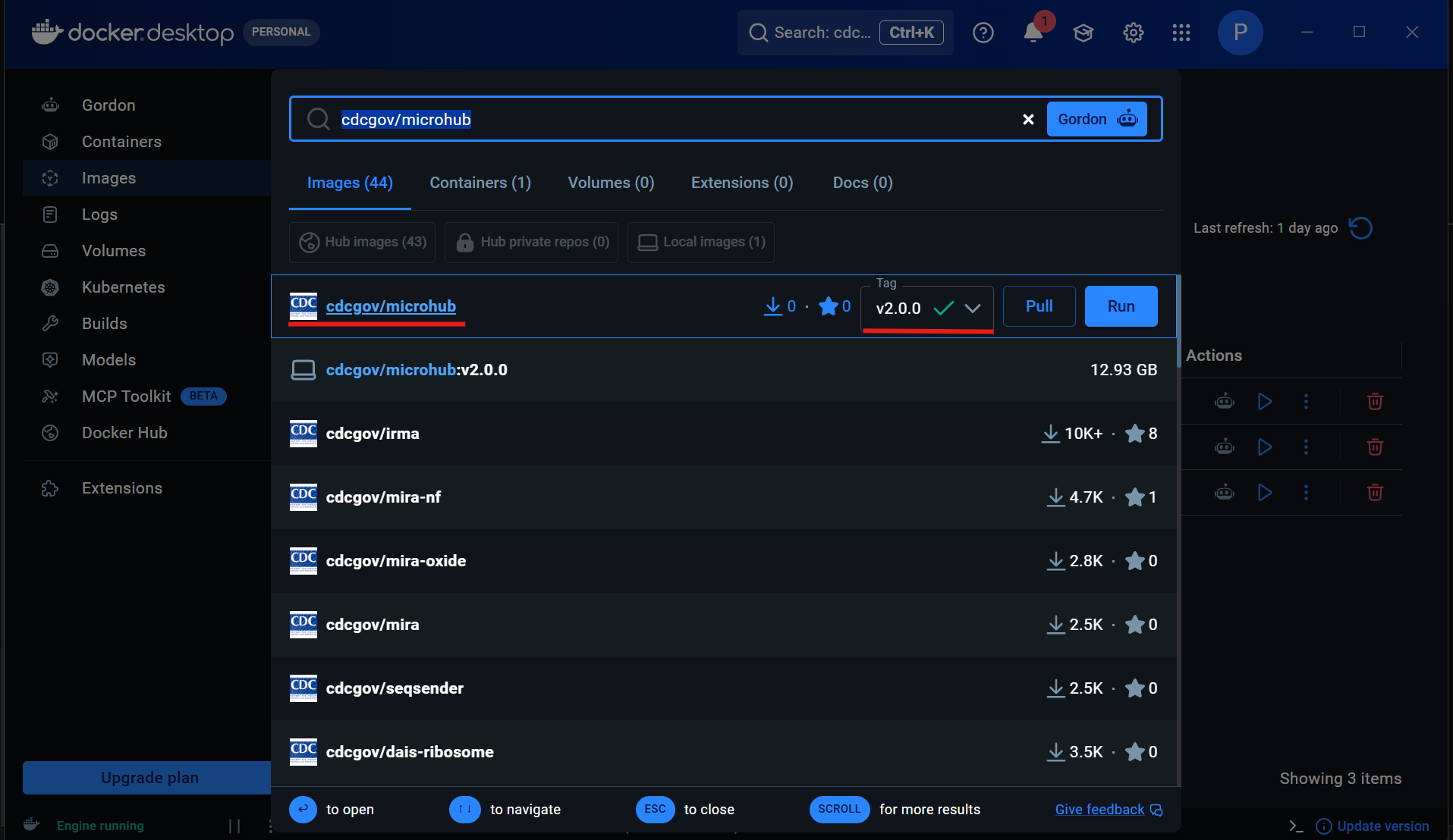 Docker Desktop search results for cdcgov/microhub with Pull button