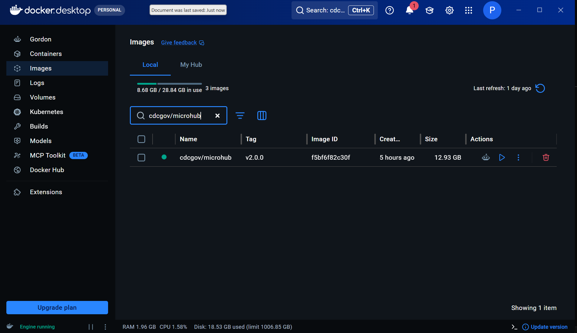 Docker Desktop Images tab showing cdcgov/microhub